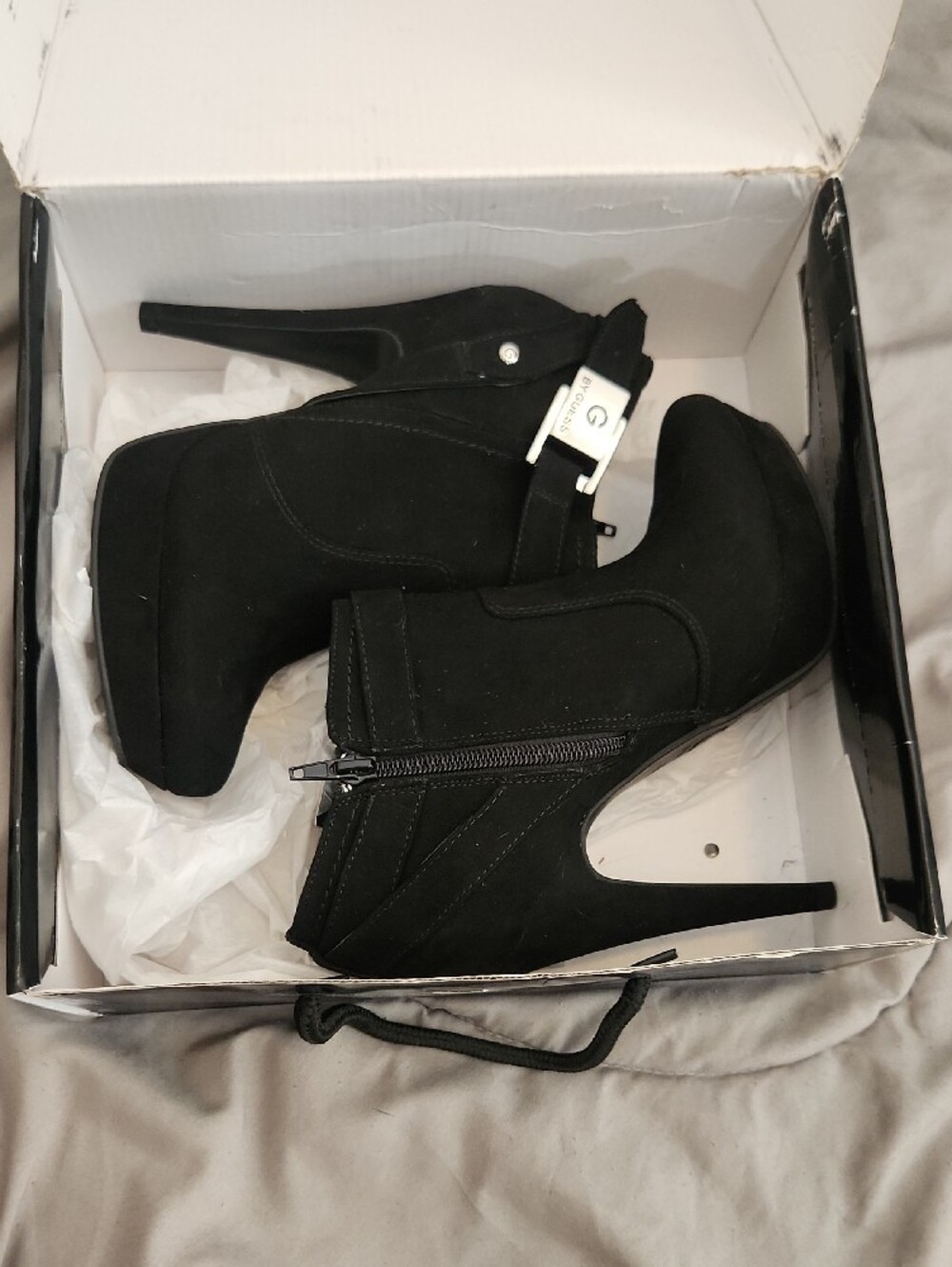 G by Guess Black Suede High-Heel Ankle Boots with Metallic Buckle - Picture 9 of 11